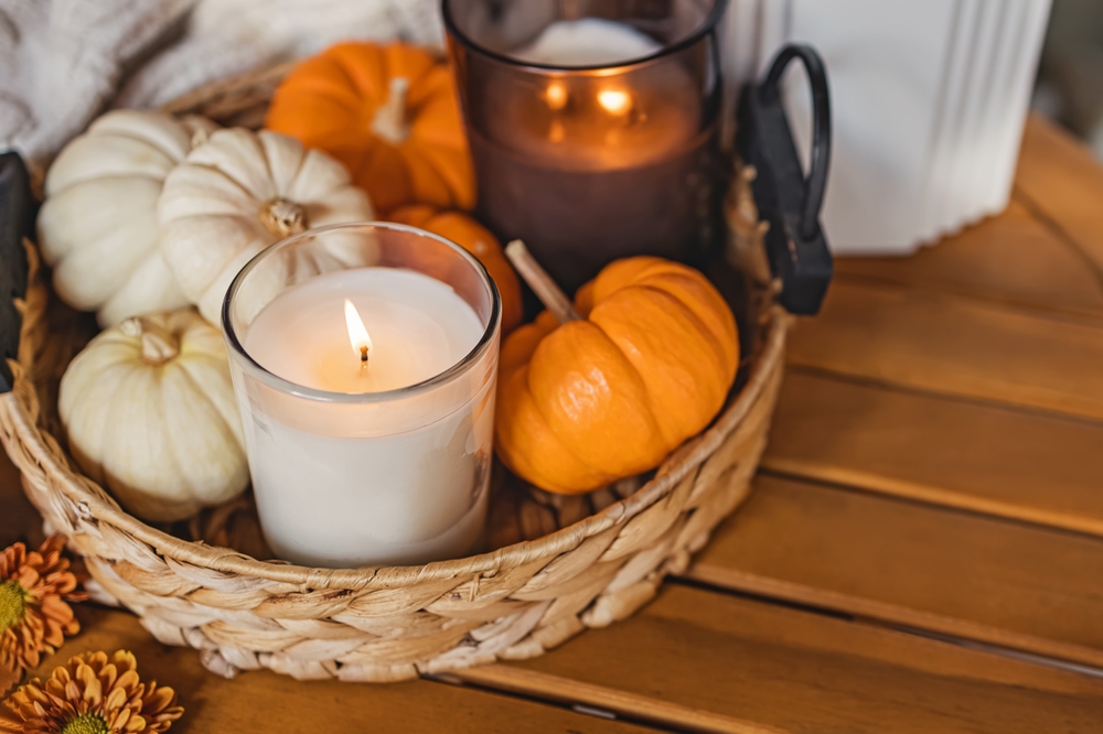 Cozy,Fall,Still,Life,Composition,With,Decorative,Pumpkins,And,Burning