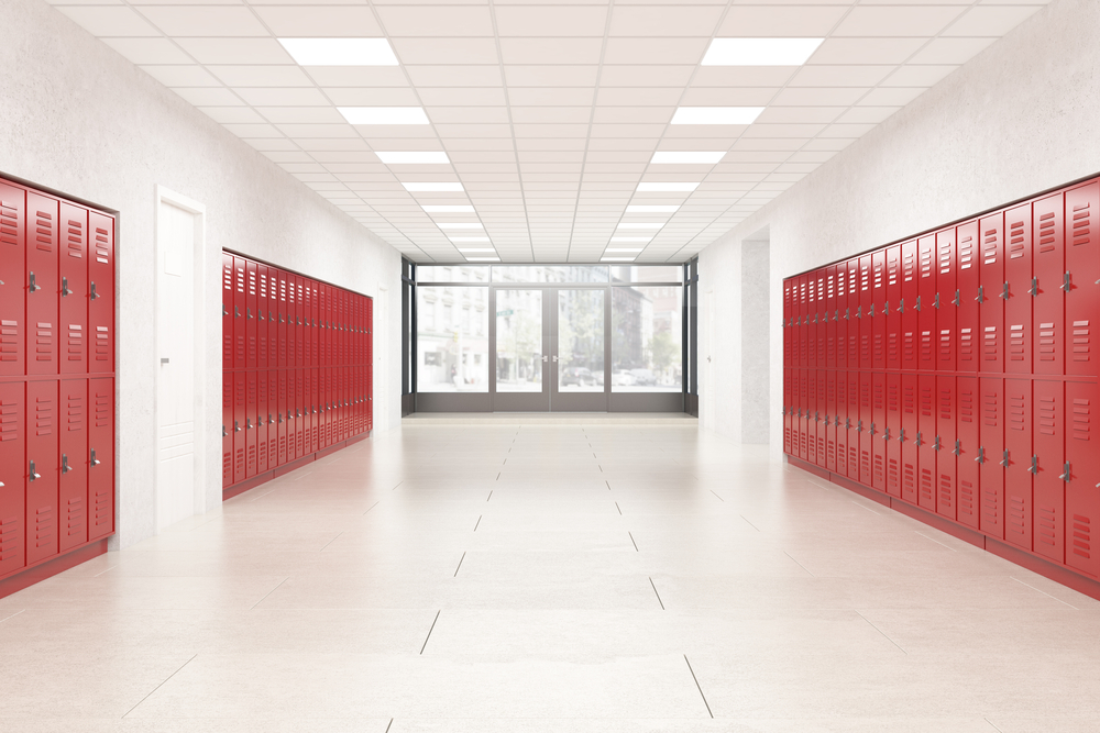 High,School,Lobby,With,Red,Shiny,Lockers.,Fitness,Gym.,Concept